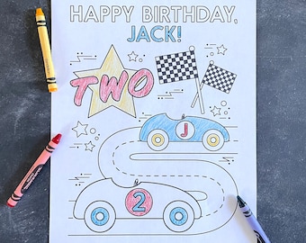 Birthday Coloring Sheet Printable -  Personalized Race Car Themed Coloring Page | Kids Birthday | Boy Girl Birthday | Print at Home | Cars