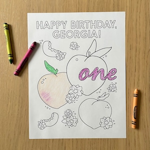 Birthday Coloring Sheet Printable Personalized Peach Themed Coloring Page First Birthday Print at Home Sweet as a Peach image 1