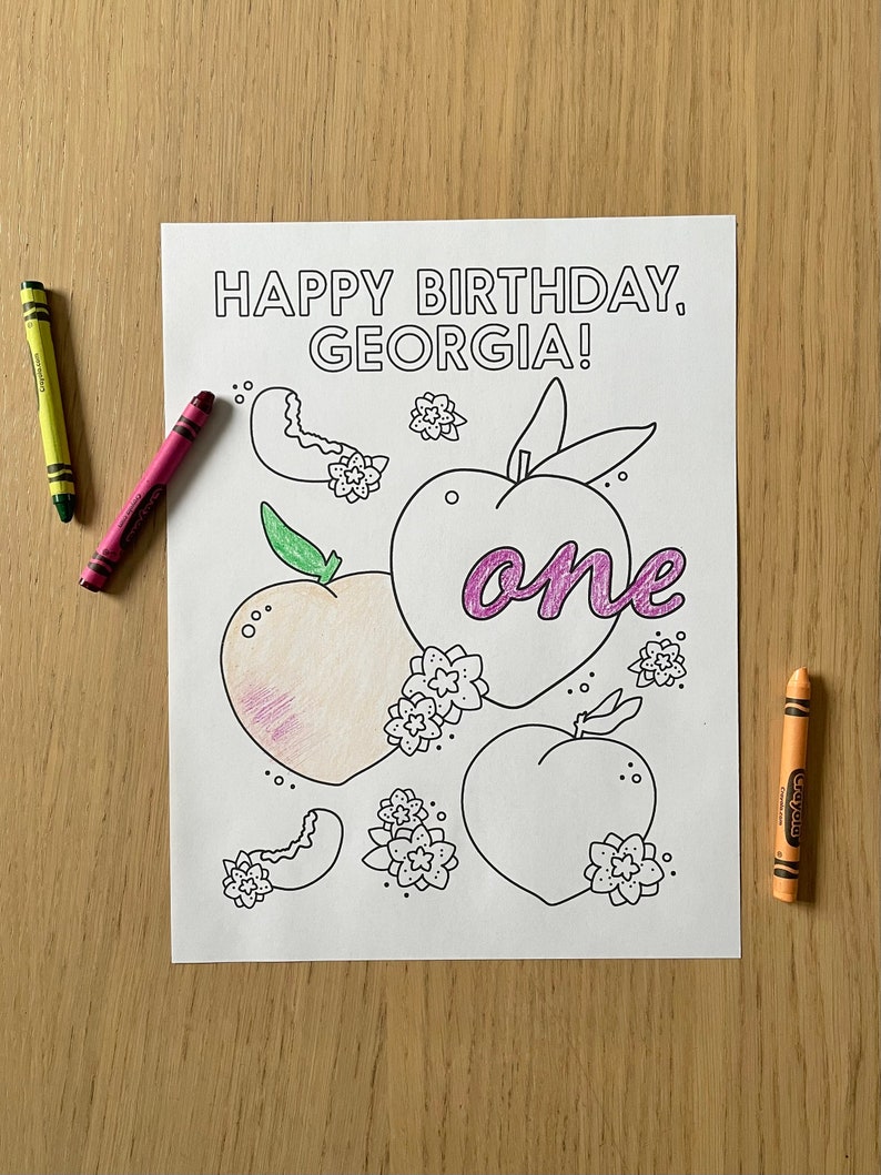 Birthday Coloring Sheet Printable Personalized Peach Themed Coloring Page First Birthday Print at Home Sweet as a Peach image 1