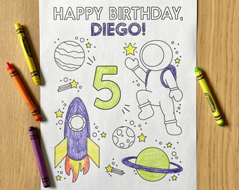 Birthday Coloring Sheet Printable -  Personalized Space Themed Coloring Page | Kids Birthday | Boy Girl Birthday | Print at Home | Astronaut