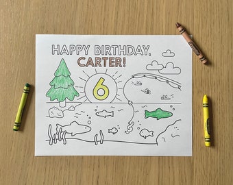 Birthday Coloring Sheet Printable -  Personalized Fishing Themed Coloring Page | Kids Birthday | Boy Girl Birthday | Print at Home