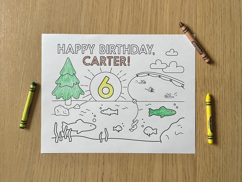 Birthday Coloring Sheet Printable Personalized Fishing Themed Coloring Page Kids Birthday Boy Girl Birthday Print at Home image 1