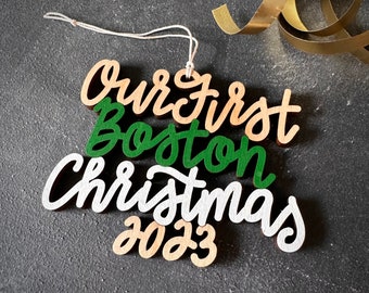 Choose your year, phrase and colors! | Our/My First Boston Christmas Ornament | Christmas Ornament | Housewarming Gift | Christmas Gift