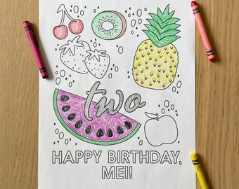 Birthday Coloring Sheet Printable -  Personalized Fruit Themed Coloring Page | Kids Birthday | Boy Girl Party | Print at Home | Twotti Fruit