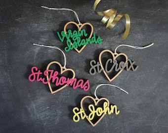 US Virgin Islands Heart Christmas Ornaments - Choose your text and color! | Christmas Ornament | Housewarming Gift | Christmas Gift