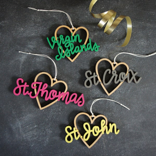 US Virgin Islands Heart Christmas Ornaments - Choose your text and color! | Christmas Ornament | Housewarming Gift | Christmas Gift