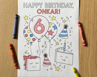 Birthday Coloring Sheet Printable -  Personalized Birthday Coloring Page | Kids Birthday | Boy Girl Party | Print at Home | Balloons | Cake