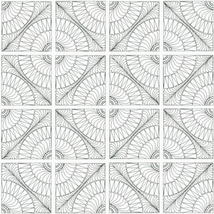 May include: A black and white geometric pattern with a repeating design of curved lines and triangles. The pattern is divided into 12 squares.