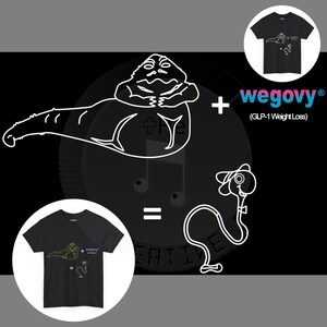 Könnte beinhalten: Schwarzweiß-Illustration einer Kreatur aus Star Wars, einer Kreatur mit langem Hals und dem Text "wegovy (GLP-1 Weight Loss)".