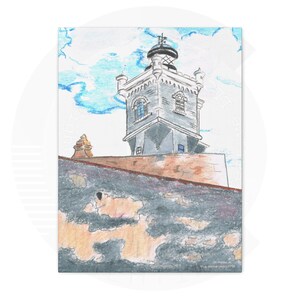 Impressão em tela do Farol El Morro | Arte de parede de San Juan, Porto Rico | Desenho à mão com Prismacolor | Decoração de forte histórico costeiro