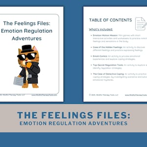 May include: Two-page spread with the title "The Feelings Files: Emotion Regulation Adventures." The left page features a cartoon cat in a detective outfit. The right page lists activities like "Emotion Motion Mission" and "Emoti-Comics."