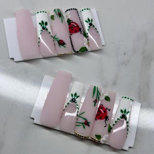 Garden Whimsy | 3D Ladybug & Floral Press-On Nails | Spring Nature-Inspired Design