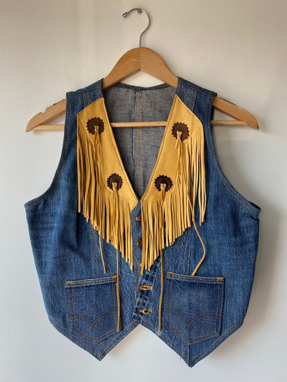 Vintage Denim Western Vest with Fringe