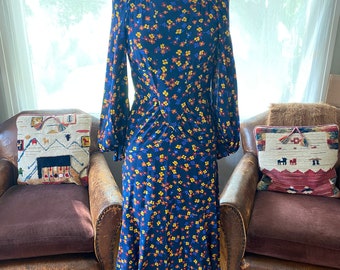 Vintage Ossie Clark Navy Blue Floral Silk Dress