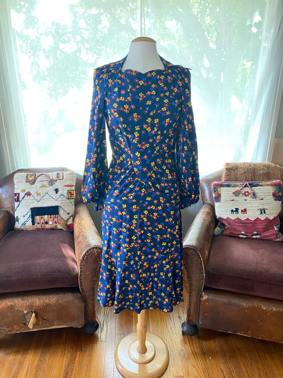 Vintage Ossie Clark Navy Blue Floral Silk Dress