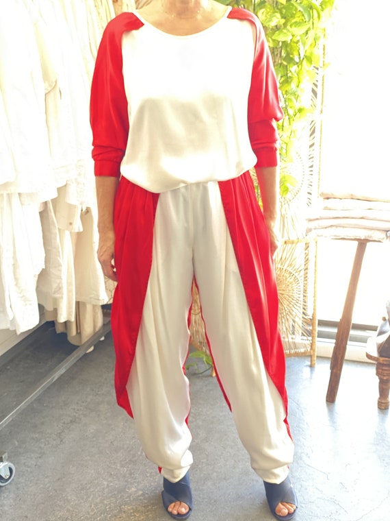 Fong Leng Red and White Silk Pant Suit