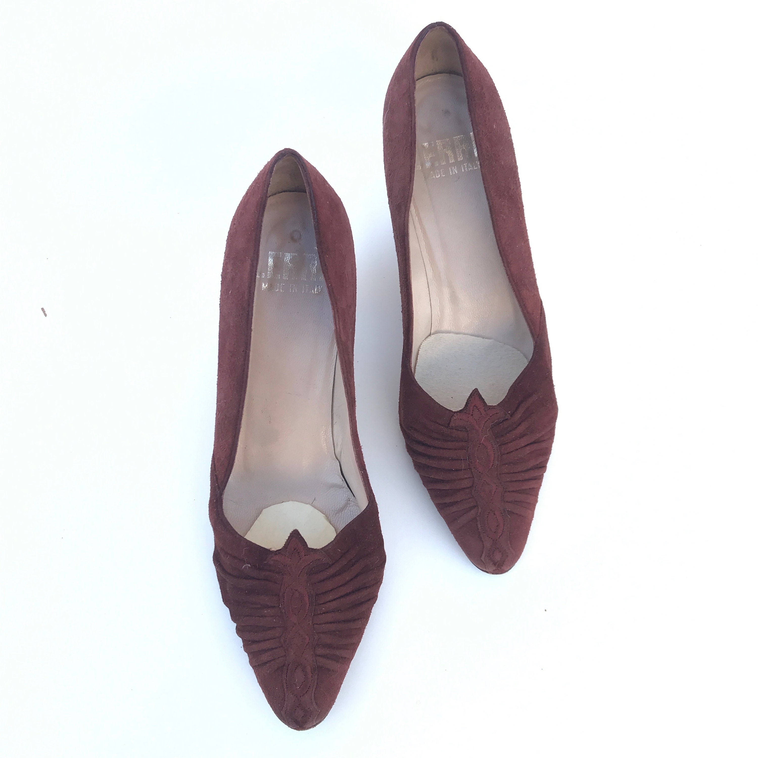 Vintage Lerre Italy Blue Pyramid Pattern Leather Heels Pumps Sz 36.5Eur