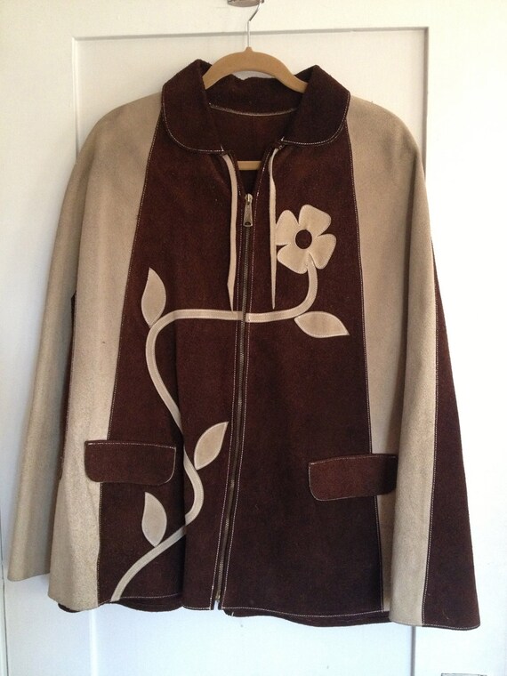 Brown and Cream Suede Poncho with Flower