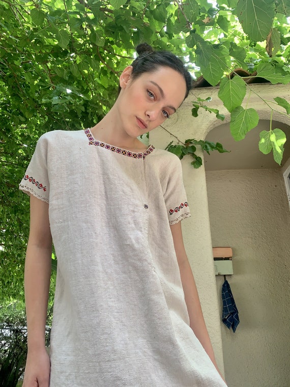 Vintage Ukrainian Embroidered Linen Dress