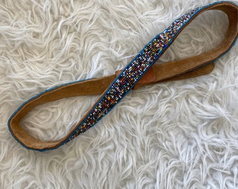 Vintage Brown leather multicolored beaded belt