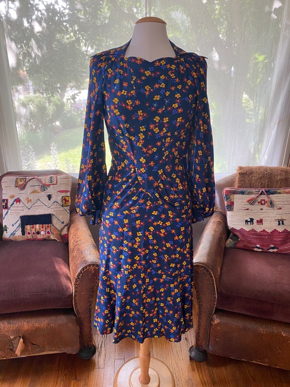 Vintage Ossie Clark Navy Blue Floral Silk Dress - image 2