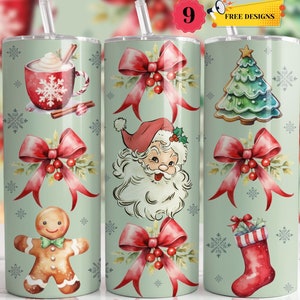 Coquette Christmas Bow 20oz Skinny Tumbler Wrap, Vintage Watercolor Christmas Sublimation Design PNG, Trending Christmas, Instant Download