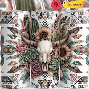 Seamless Boho Aztec 20oz Skinny Tumbler Wrap, Western Bull Skull Sublimation Design, Rustic Watercolor Cactus Tribal Pattern Wrap PNG