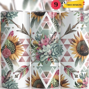 Seamless Boho Aztec 20oz Skinny Tumbler Wrap, Western Feathered Arrows Sublimation Design, Rustic Watercolor Cactus Tribal Pattern Wrap PNG