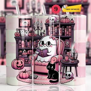 Nahtloser Coquette Ghost 20 Unzen Skinny Tumbler Wrap, Lesebuchliebhaber Geschenk Sublimationsdesign PNG, digitaler Download