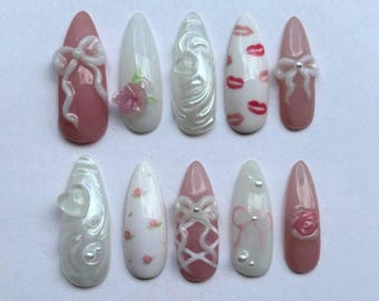 Unique Seductive Lips Press-On Nails, Long Almond Nail Set with Bows & Flower, Reusable Nails, Romantic Nail, Perfect Valentine Gift for Her