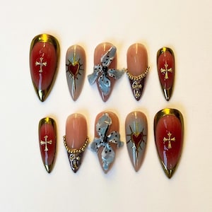 Flower and Gold Hand-painted Nail, Chrome Nail, Custom Press On Nails, Handmade Press on Nails, Fake Acrylic Nails, Gel Nail, Press on Nails