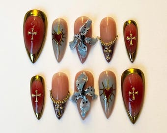 Flower and Gold Hand-painted Nail, Chrome Nail, Custom Press On Nails, Handmade Press on Nails, Fake Acrylic Nails, Gel Nail, Press on Nails
