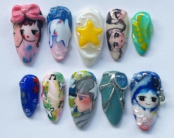 Unique Baby Queen Press On Nails, Colorful Nails, Cute Nail, Artistic Nails, Fantasy Nails, Whimsical Nail Art, Trendy Nails, Almond Nails