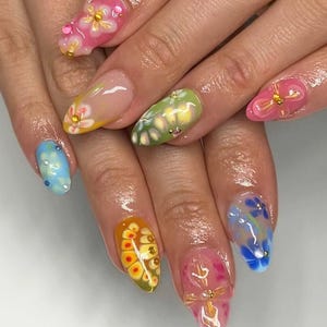 Elegant Orchid Garden Press-On Nails, Crystal Butterfly Nails, Spring Nails, Dreamy Nails, 3D Flower Design Nail Art, Custom Fake/False Nail