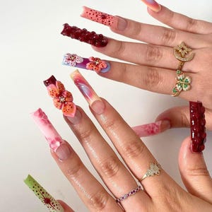 Luxurious 3D Flower Press On Nails, Spring Nail Set, Long Square Nails, Pink Nails, Custom Fake Nail Art, Holiday Nails, Unique Design Nails