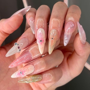 Pink Flower Press On Nails, Luxury Long Stiletto Nail Set, Custom Fake Acrylic Nails, Cute Nails Unique, Glue On Nails, Trendy Nails.