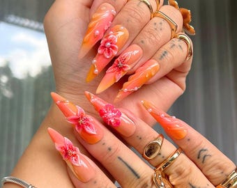 3D Flower Press On Nails, Long Stiletto Fake Nails, Summer Orange Pink Nail Design, Holiday/Party Nails, Tropical Nail Art, Custom Gift Set