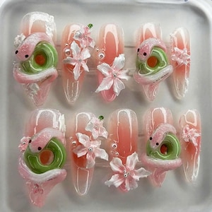 Hand-painted Pink Almond Nail with Sculpted Snake, Lotus, Jade, Long Nails, Asian Nails Art, New Year Nails, Trendy Chinese Press On Nails.