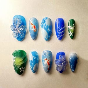 Unique Blue Almond Nail Set With Flower, Koi Fish, Handmade Press On Nails, Custom Fake Nail, Summer Nails Holiday, Party Nail, Gift for her