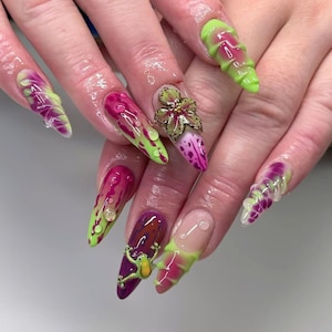 3D Neon Press On Nails, Handmade Long Stiletto Nails with Floral Design, Bright Green Pink Purple Fake Nails, Custom Nail Art, Summer Nails.