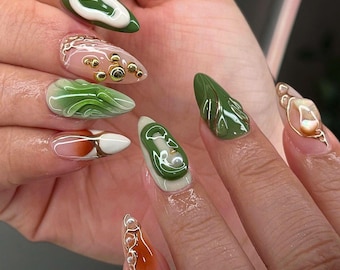 Uñas verdes estilo libre a presión, juego de uñas en almendra 3D pintadas a mano, uñas postizas personalizadas, arte de uñas gótico, diseños de uñas, uñas pegadas, uñas de gel.
