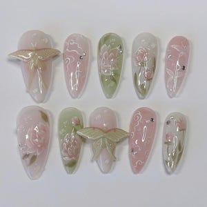 Wonderland Press On Nails, Dreamy Almond Nail, Glitter Flower Acrylic Nails, Spring Fairy Fake Nails, Romantic Garden Nail Art, Butterfly.