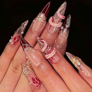 Handcrafted Pink Snake Nails, Long Stiletto Nails, Asian Nails Art with Snake, Jade, New Year Nails, Press On Nails, Floral Nails, Gifts