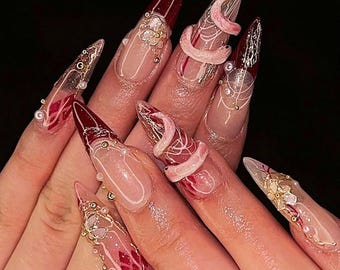 Handcrafted Pink Snake Nails, Long Stiletto Nails, Asian Nails Art with Snake, Jade, New Year Nails, Press On Nails, Floral Nails, Gifts