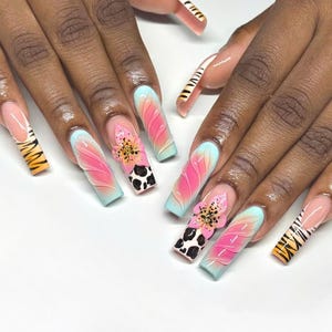 Hand Painted Animal Print Press On Nails, 3D Flower Long Square Nails, Leopard Zebra Ombre Pink Blue Nail Art Set, Summer-Autumn Fake Nails.