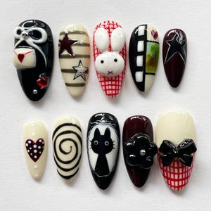 Romantic Letter Press On Nails, Unique Almond Nail Set with 3D Miffy, Bow, Heart, Colorful Fake Nails, Black Nails, Valentine Nails, Gifts.