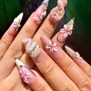 Handmade Pink Lotus Nails, Long Stiletto Nails, Asian Nails Art with Snake, Jade, New Year Nails, Press On Nails, Floral Nail, Snake Nails