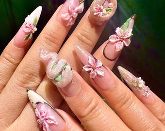 Handmade Pink Lotus Nails, Long Stiletto Nails, Asian Nails Art with Snake, Jade, New Year Nails, Press On Nails, Floral Nail, Snake Nails