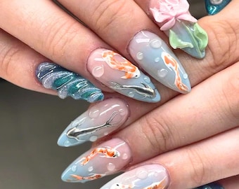 Zen Garden Koi Nails Press On Nails, Unique Koi Floral Nails, Dreamy Fish Pond Press On Nails, Blossoming Fake Nails, Koi Nails, 3D Nails.