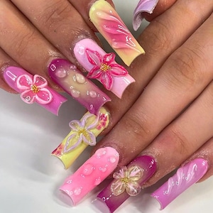 Spring Floral Press On Nails, Hand-painted Ombre Nail Set with 3D Flowers, Dreamy Nail, Wedding Nail, Colorful Nail, Sping-Summer Nail, Gift